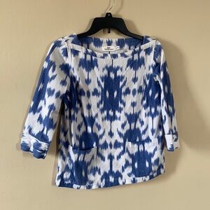 Vineyard Vines Blue White Ikat Print Boat Neck Blouse XXS Preppy Coastal